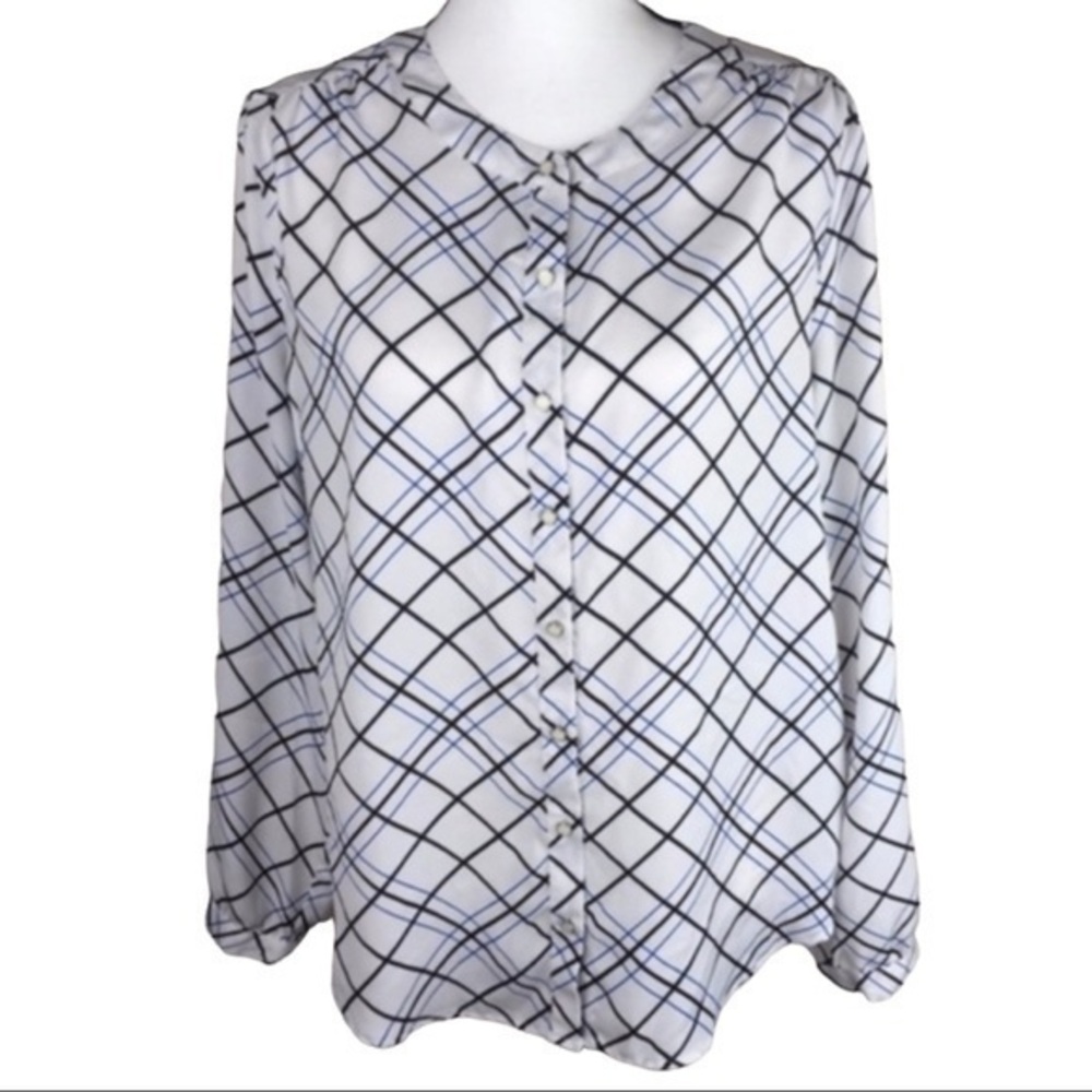 212 Collection Button Down Blouse Top Long Sleeve Lattice Stripe Career Casual